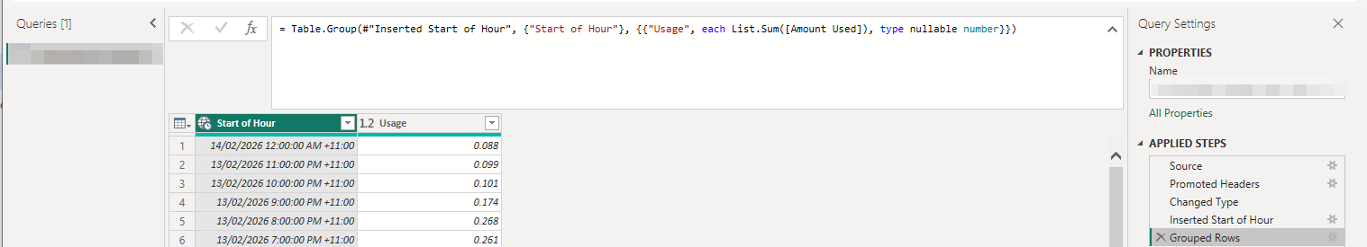 Screenshot of Power Bi Data Transformation screen - grouping half hours blocks together